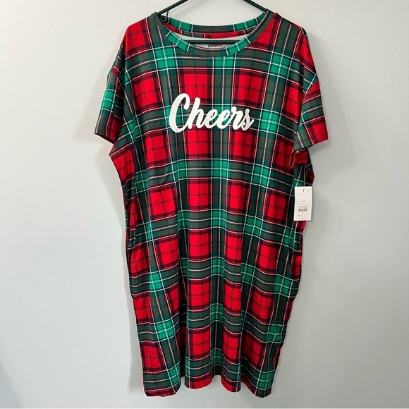 Joyspun Red and Green Plaid Short Sleeve Sleep Dress w/ Pockets Cheer Large XL - Picture 2 of 9